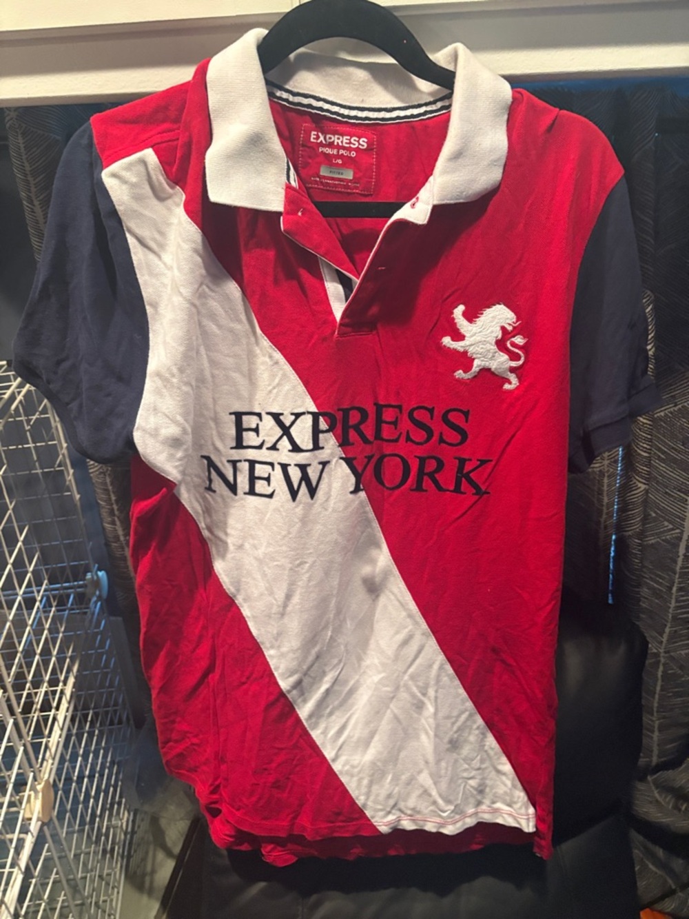 Express Red, White & Navy Diagonal-Stripe Polo